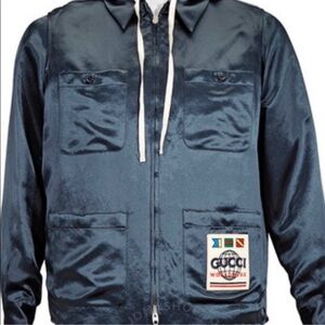 Gucci Dark Blue Satin Jacket with Light Gray Hood